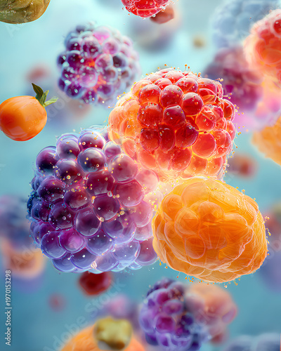 Healthy foods dissolving into glowing cellular structures with translucent membranes showcasing nutrition science and wellness biotech concept