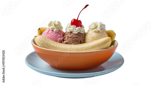 Konstfotografi Banana split dessert featuring strawberry chocolate vanilla ice cream whipped cr
