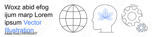 Global connectivity, mental growth, technological advancements, innovation, automation, progress. A globe, human head with a flower symbol gears. Global connectivity and mental growth concept