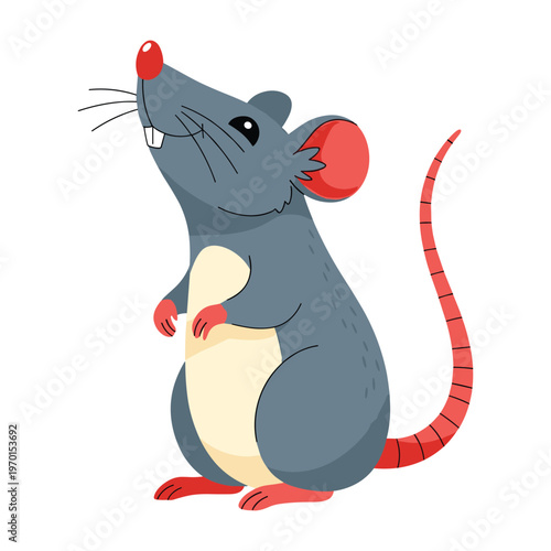 Cute cartoon mouse standing on its hind legs with a long pink tail and big ears.