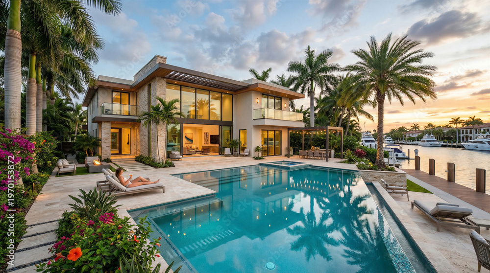 Fototapeta premium Luxury waterfront villa with modern design and swimming pool at sunset