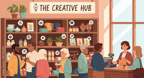 Diverse group of people shopping at a creative hub store.