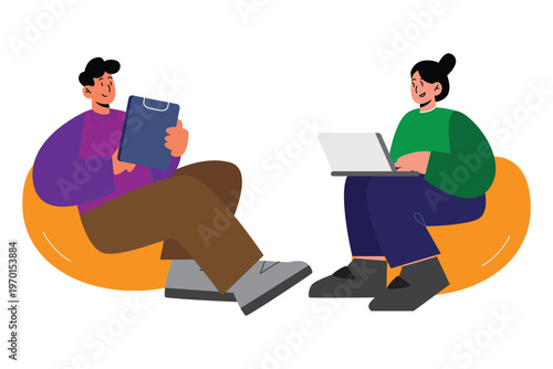 Remote Work Illustration with People Using Laptop and Clipboard Home Office Lifestyle Concept