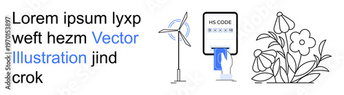 Sustainable energy, eco-technology, nature , renewable solutions, commerce tools, environmental ideas. Wind turbine, barcode scanner and blooming flowers. Renewable energy and eco-technology concept