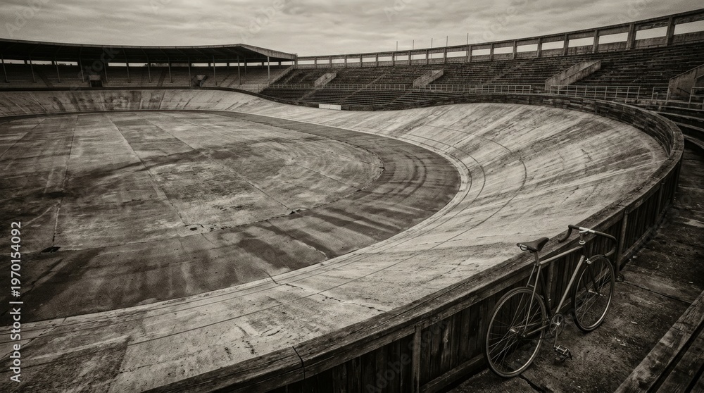 Fototapeta premium Panoramic vintage velodrome curves with lone steel bicycle