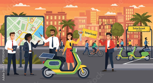 Diverse group of people using electric scooters and map technology in urban setting.