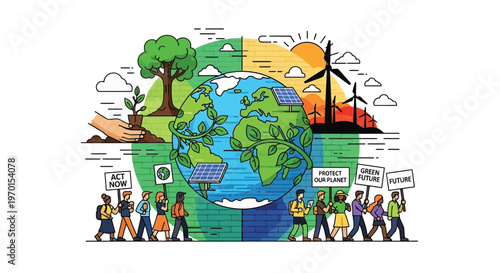 Diverse group of people protesting for environmental protection around the globe.