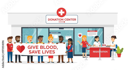 Diverse group of people holding a banner promoting blood donation.