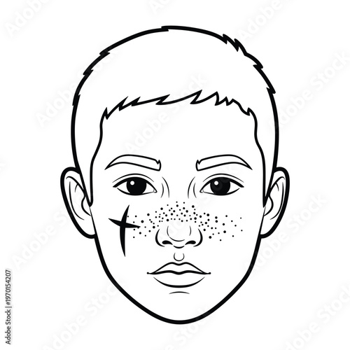 Line drawing of a young boy's face with freckles and a cross mark on his cheek for coloring.