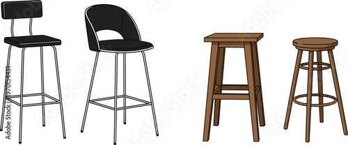 Bar Stool and Chair Icons Set Featuring Wooden and Metal Stools, Dining Chairs, and Modern Furniture for Home and Office Decor