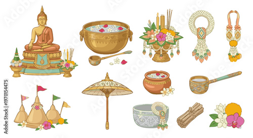 Songkran Festival Celebration Icons and Traditional Thai Elements