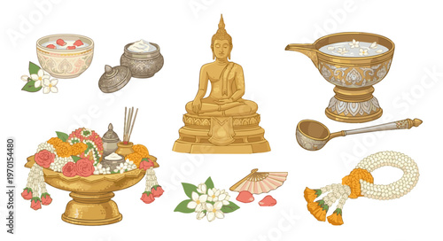Traditional Songkran Festival Elements with Golden Buddha Statue and Water Bowls
