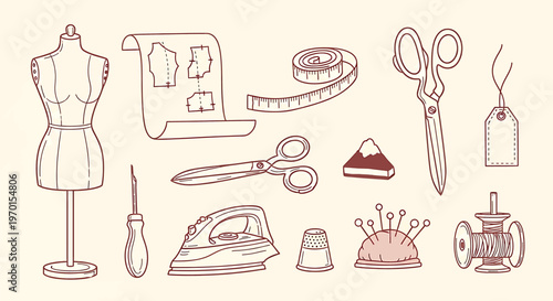Vintage sewing tools and dress form isolated on transparent background a sketchy illustration