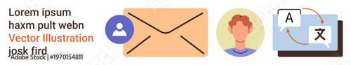Digital communication, translation services, language learning, email messaging, online interaction, networking. Icons include an envelope, user profile, monitor with translation symbols
