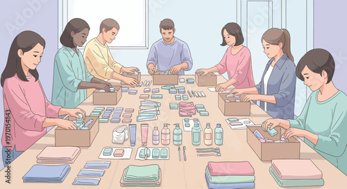 Diverse group of people working together packing donation boxes.