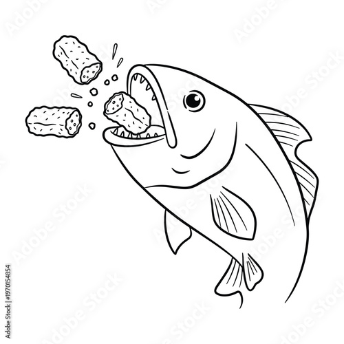 Black and white line drawing of a predatory fish with its mouth wide open eating fish food pellets.