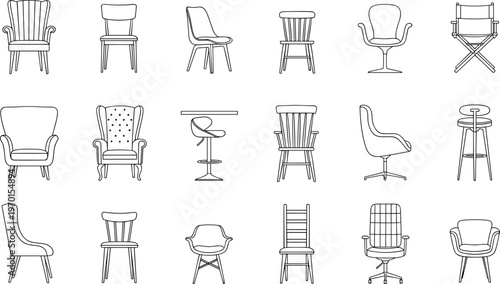 Chair Icons Set Featuring Armchairs, Bar Stools, Dining Chairs, Office Chairs, and Modern Furniture for Home and Office Decor
