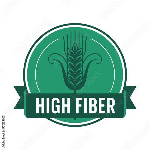 A green and white vector graphic logo featuring a wheat stalk and the words 'High Fiber' on a ribbon banner