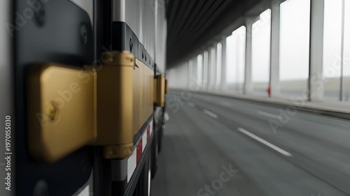 Close-Up of a Truck Door Latch and Hinges While Driving Through a Tunnel