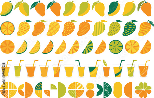 Assorted mangoes and citrus fruits with juices illustration
