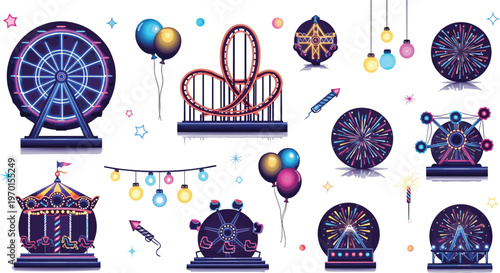 Amusement park neon style collection with ferris wheel roller coaster carousel and fireworks, colorful glowing festival vector set isolated on white background