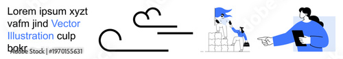 Creativity, teamwork, communication, collaboration, workflow, abstract design. Flowing lines with abstract elements, people building blocks and a person gesturing. Teamwork and communication idea