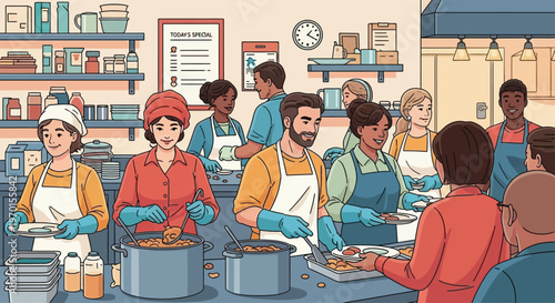 Diverse group of volunteers serving food at a community kitchen.