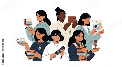 Diverse group of women engaged in various activities.