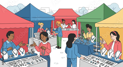 Diverse people browsing handmade jewelry at outdoor market stalls.
