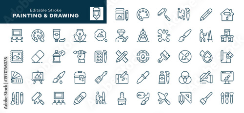 Painting and drawing. Set of outline icons. Artist, paints and brush, sketches, art tools, palette, pencil and picture. Line icon in linear style. Vector collection	