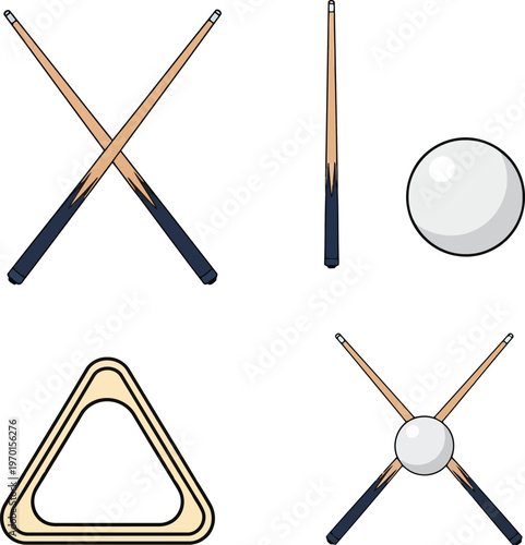 Set of pixel art billiard equipment icons featuring crossed cue sticks and a white cue ball