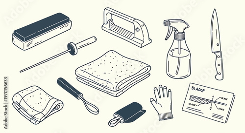 Line art illustration of cleaning supplies and tools isolated on transparent background
