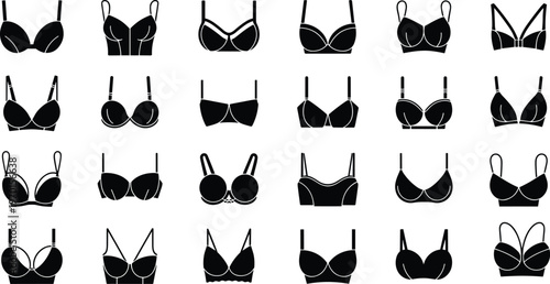 Black Silhouette Set of Diverse Women's Bra Styles and Lingerie Icons Featuring Push Up Strapless Sports and Lace Designs for Underwear Fashion and Retail Design