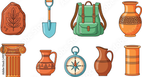 Historical Artifacts and Tools Set Featuring Backpack, Pottery, Shovel, Pillar, and Compass for Exploration, Archaeology, and Adventure Themes