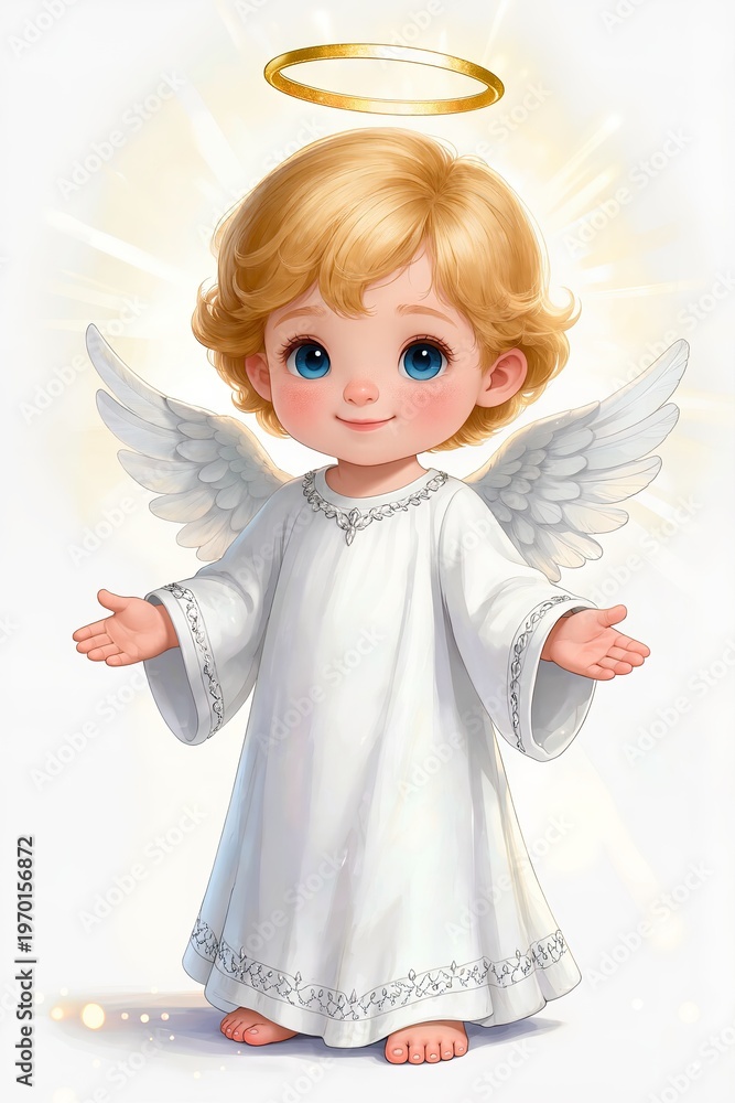 Fototapeta premium Little angel mascot with halo, soft light aesthetic, white background