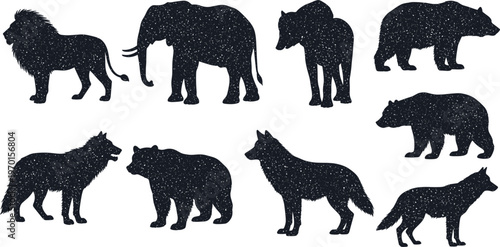Wild animal silhouette set vector illustration with lion elephant bear wolf and fox textured wildlife silhouettes collection isolated on white background