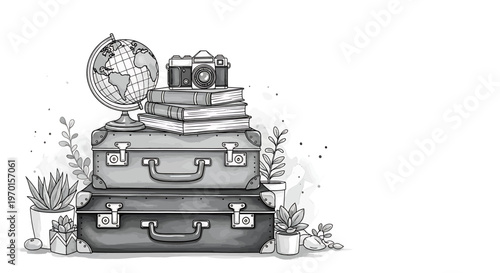 Monochrome illustration of stacked luggage with travel essentials and potted plants suitcase globes cameras books