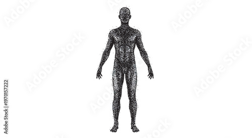 full body human silhouettes made of small dots and particles