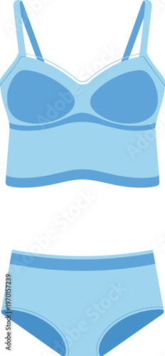 Blue women's lingerie set featuring a sports bra top and comfortable briefs isolated on white background flat vector illustration for fashion and retail design projects.