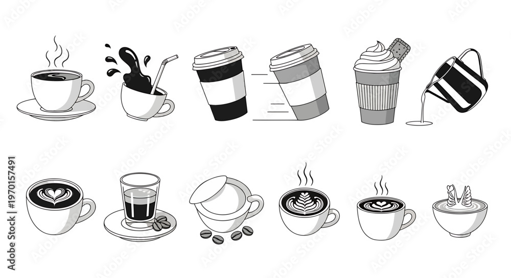 Fototapeta premium Collection of Coffee Drinks and Elements in Flat Design Vector Illustration