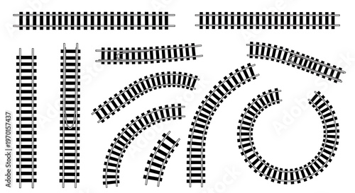 Collection of various railroad track pieces on white background train rails railway transportation infrastructure model