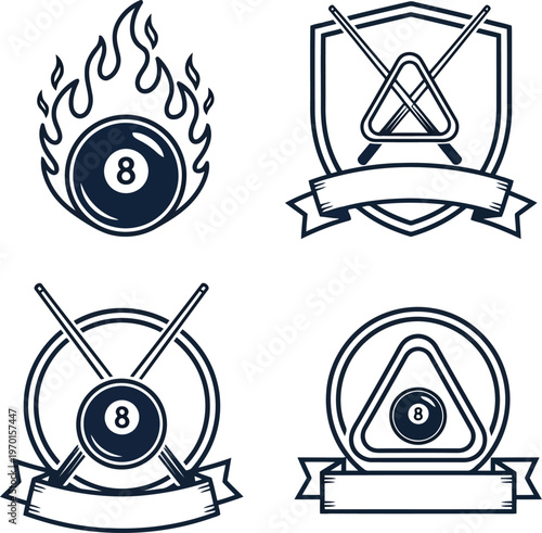 Collection of vintage billiards and pool club emblems with eight balls and cues
