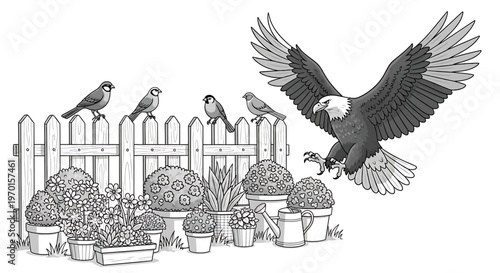 Bald Eagle Swooping Towards Small Birds on Garden Fence, Vector Illustration