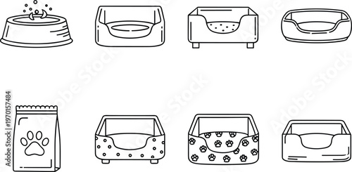 Pet Accessory Vector Illustration Showing Beds and Feeding Icons