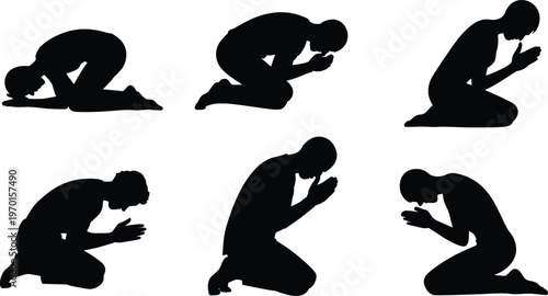 Kneeling prayer icons in silhouette design, showing multiple postures of reverence and meditation, symbolizing spirituality, worship, humility, and contemplation concepts.