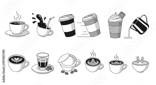 Collection of Coffee Drinks and Elements in Flat Design Vector Illustration