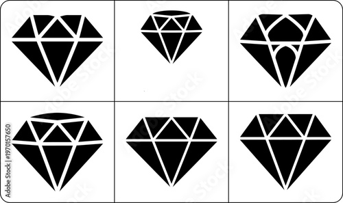 Six black diamond icons with white facet lines arranged in a 2x3 grid on white background