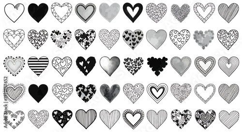 Diverse Heart Shapes Collection Vector Illustration: Hand-drawn, Grayscale, Patterns, Textures
