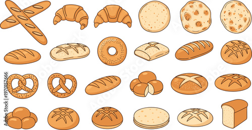 Bakery bread collection with loaves buns croissants pretzels and rolls, assorted baked goods vector set isolated on white background