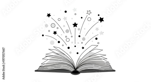 Open book with stars and circles flying out of it on a white background illustration